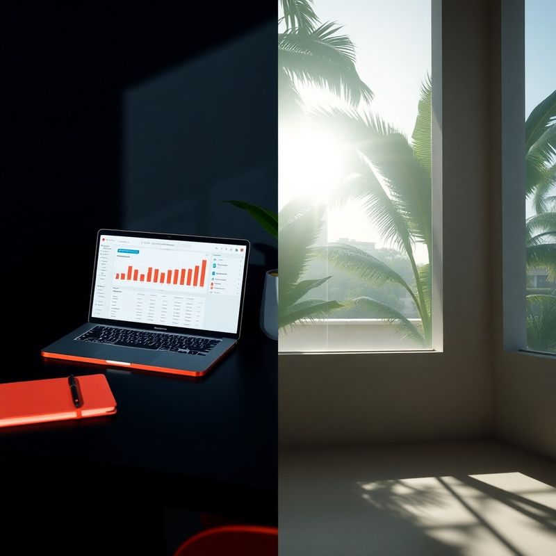 Mesa de trabalho editorial com laptop exibindo painel de análise de conteúdo e luz natural ao fundo