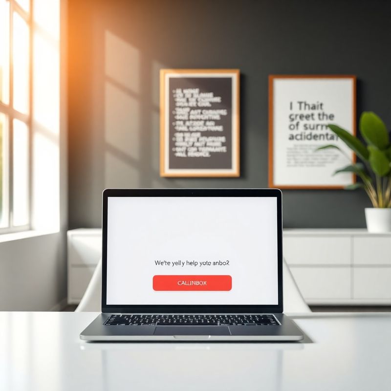 Workspace iluminado com laptop aberto mostrando inbox vazia com botão coral de ação