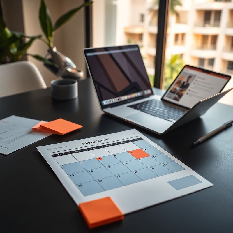 Flat-lay de calendário editorial com destaques coral sobre superfície escura, laptop com Notion aberto e arquitetura modernista ao fundo