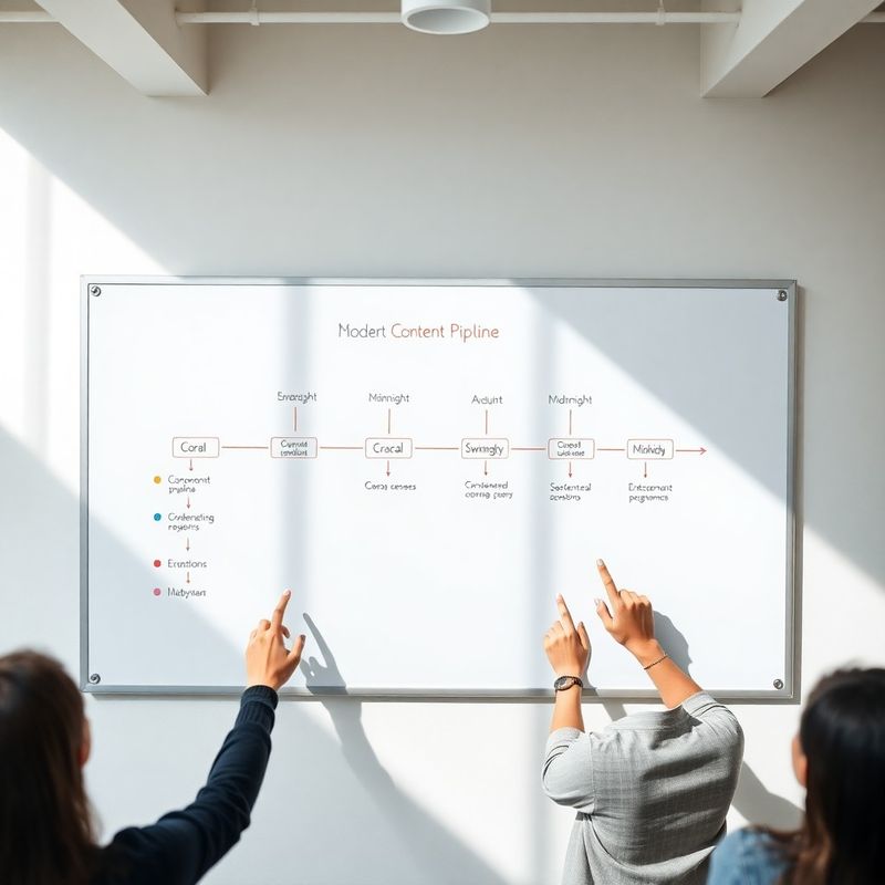 Vista superior de pipeline de conteúdo mapeado em quadro branco com marcadores coral e midnight